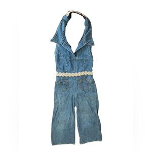 Vintage Landlubber Halter-top Lace Trimmed Overalls Cotton Denim